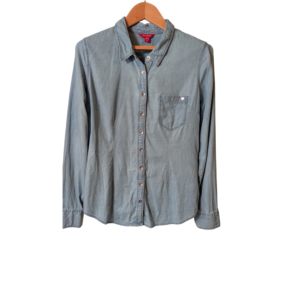 Guess Los Angeles Women Light Wash Denim Chambray Button Down Shirt Medium M